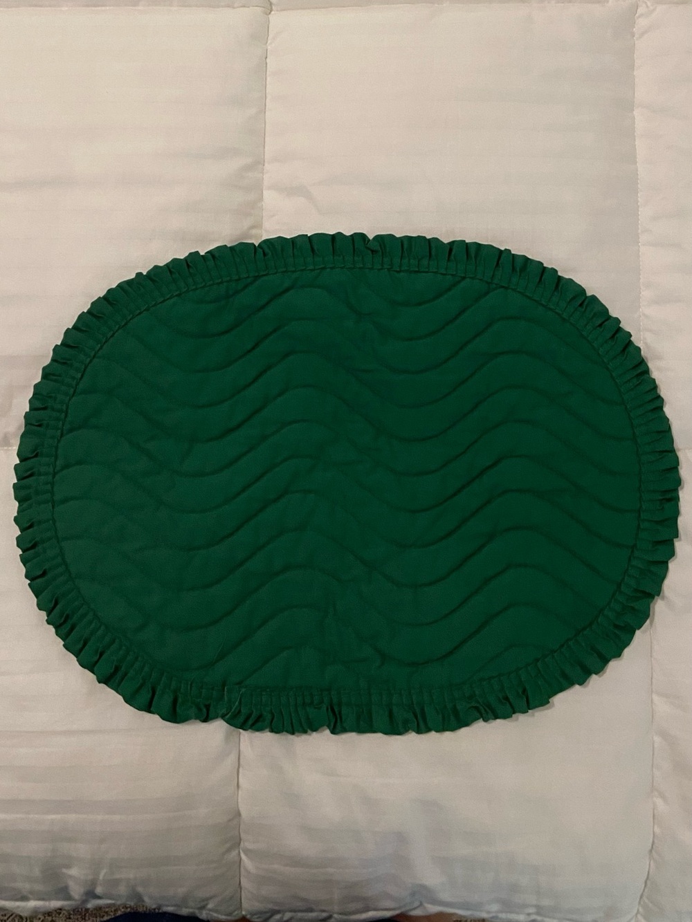 Set of 4 Vintage Green Quilted Oval Placemats Ruffle Edge Country Cottage 16”